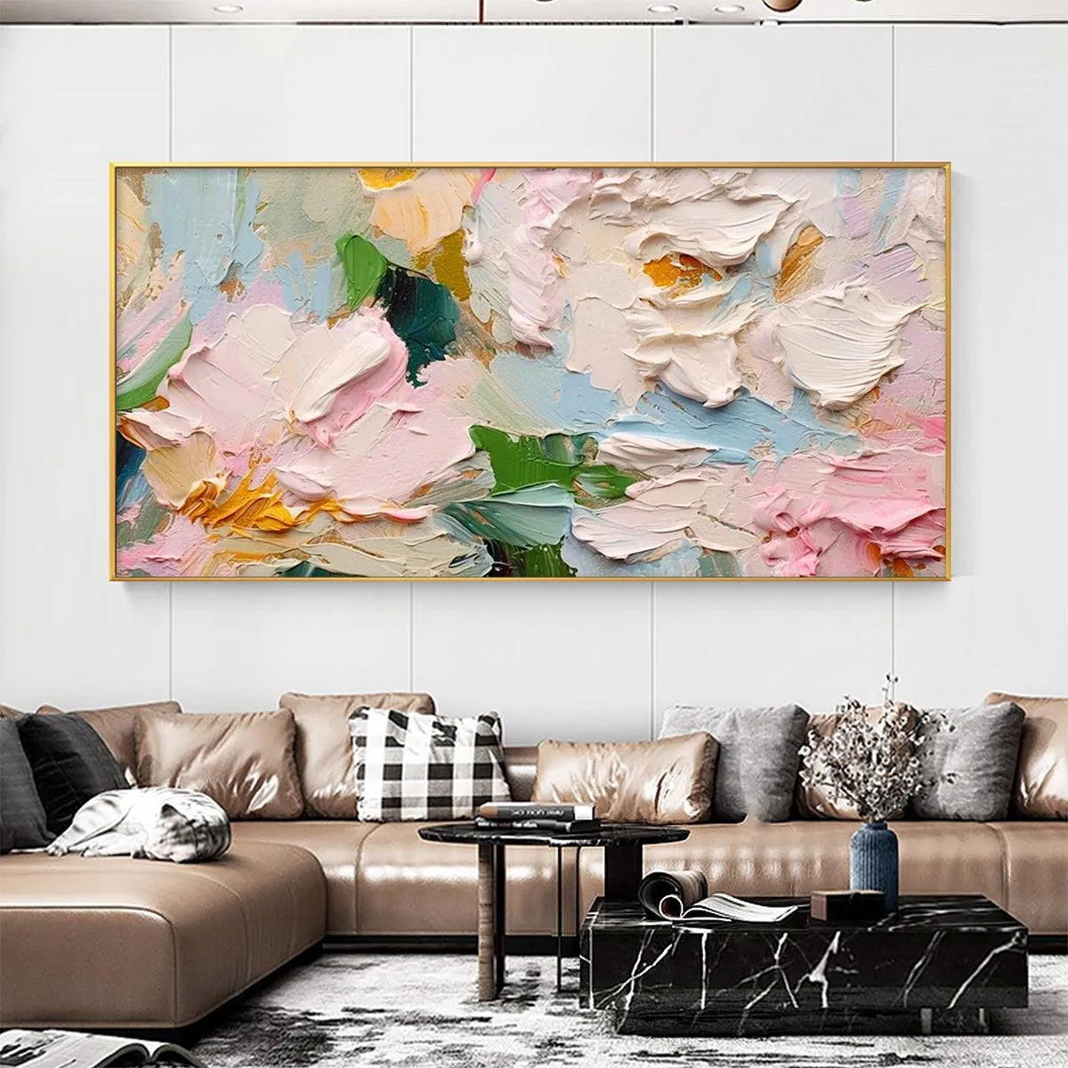 SPRING BOUQUET: Textured Floral Painting, Pastel Wall Art, Panoramic Canvas, Impasto Decor