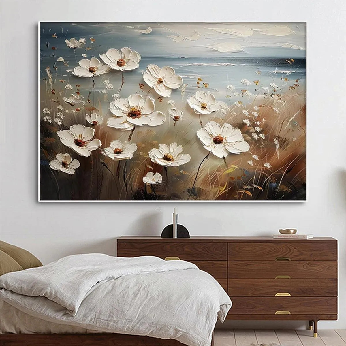 SEASIDE BLOSSOMS: Textured Floral Painting, Impasto Wall Art, Horizontal Canvas, Coastal Decor