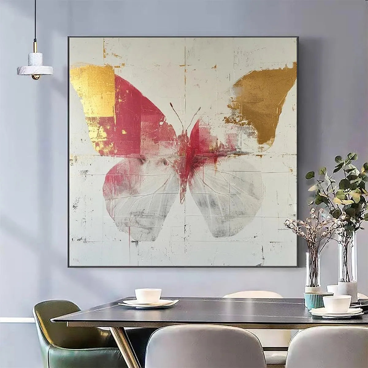 GOLDEN BUTTERFLY: Butterfly Painting, Gold and Pink Wall Art, Square Canvas Art, Bedroom Decor