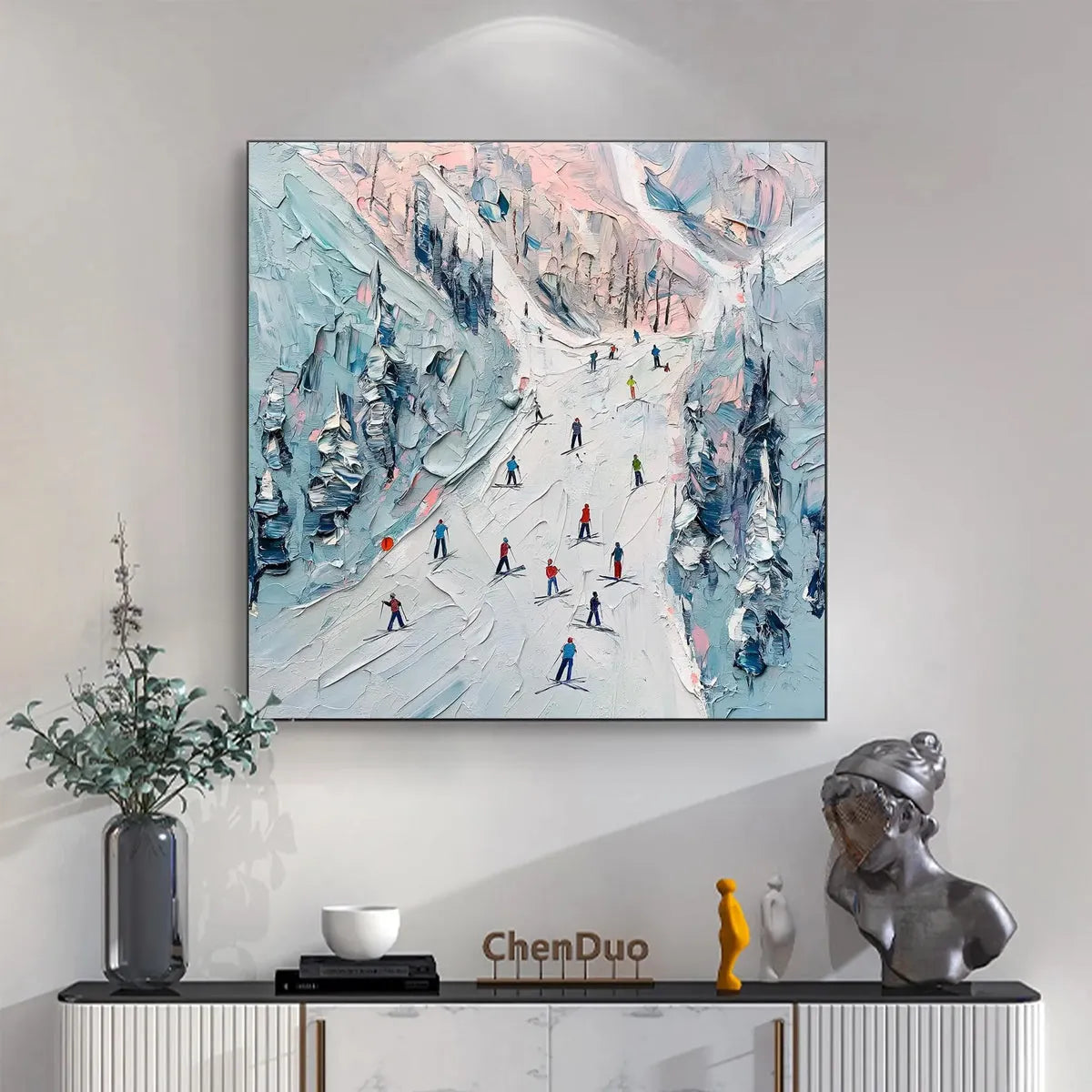 SLOPE LIFE: Textured Impasto Ski Slope Scene on Square Canvas