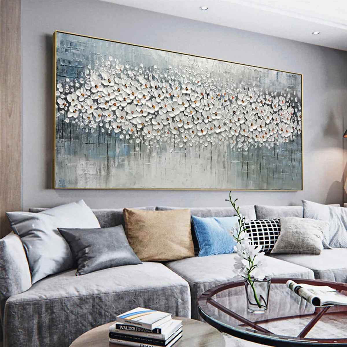 WINTER BLOSSOM: Panoramic Impasto Floral Oil Painting in White and Grey