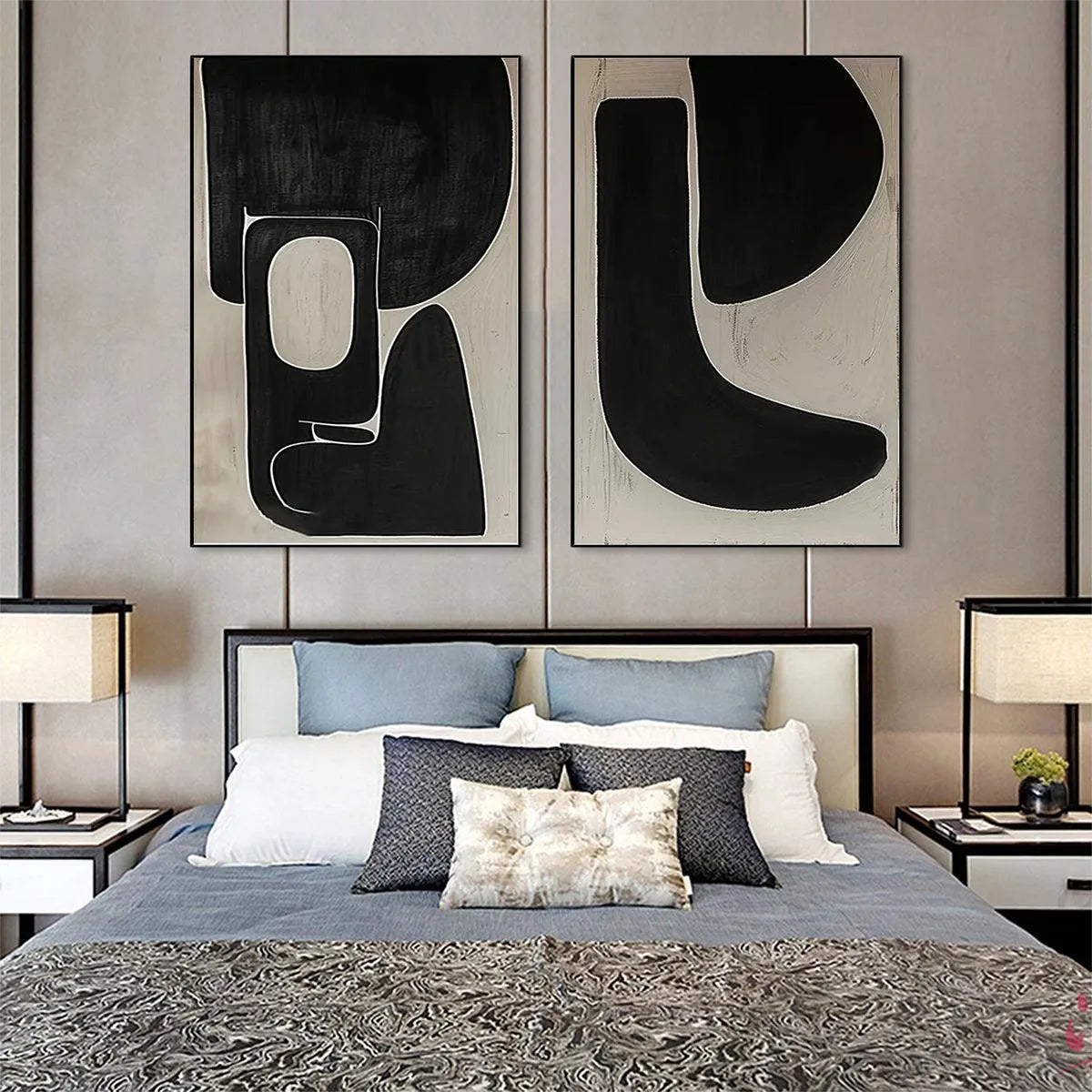 BLACK & BEIGE ABSTRACT DIPTYCH II: Abstract Painting Set of 2, Vertical Wall Art