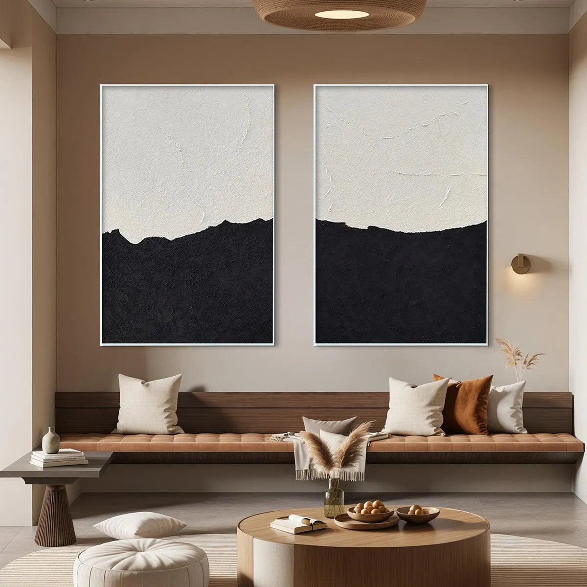 BLACK & WHITE ABSTRACT LANDSCAPE DIPTYCH: Textured Abstract Painting Set of 2, Vertical Wall Art