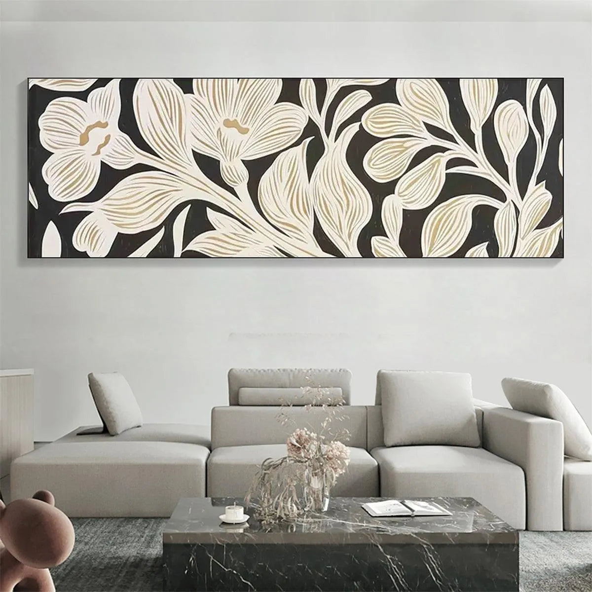 GOLDEN FLORAL PANORAMIC: Floral Painting, Panoramic Wall Art, Black and Gold Decor