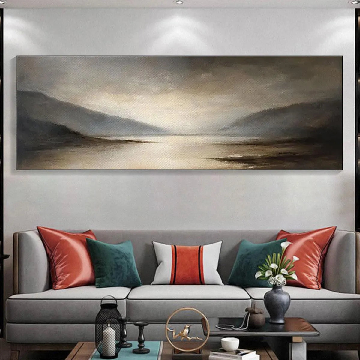 MISTY MORNING SERENITY: Landscape Painting, Panoramic Wall Art, Neutral Decor