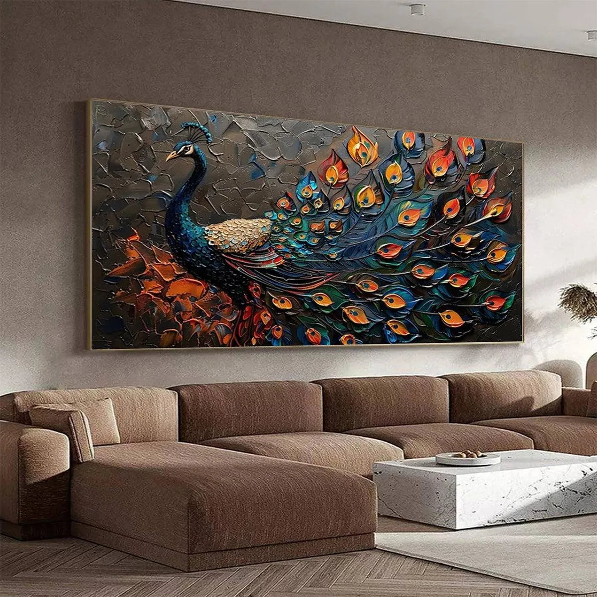 MAJESTIC PLUMAGE: Textured Peacock Painting, Impasto Wall Art, Horizontal Canvas, Animal Decor