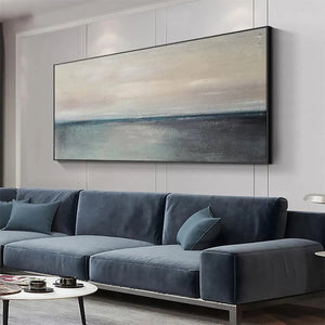 Serene Horizon seascape painting by Liam O'Connell, framed panoramic art, horizontal wall art, modern living room decor.