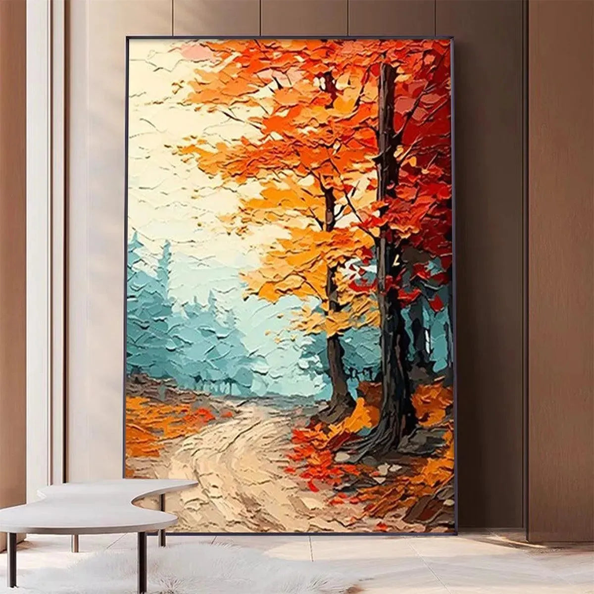 Autumn Path: Textured Forest Path Painting | Orange and Blue Wall
