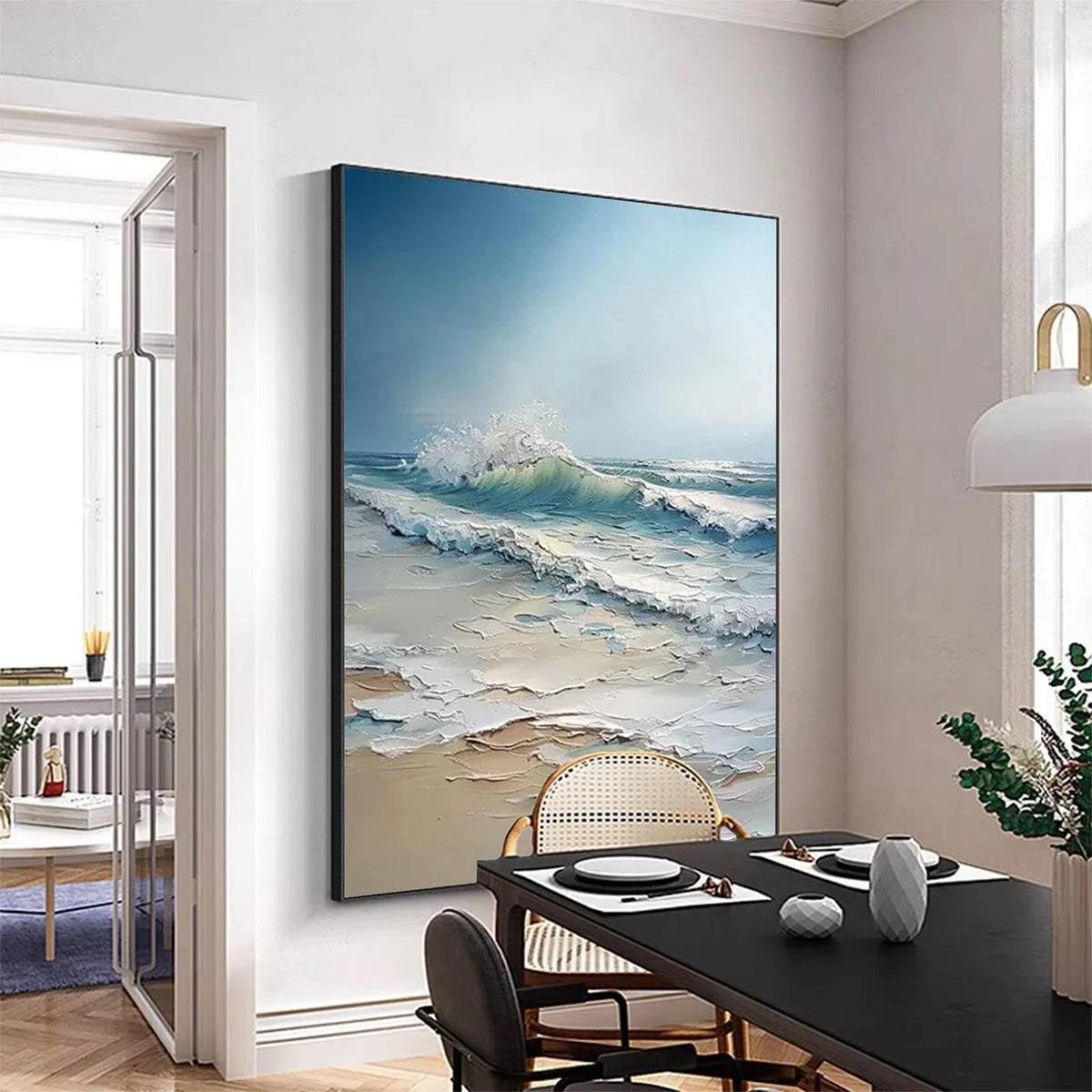 OCEAN'S EMBRACE: Textured Ocean Painting, Impasto Wall Art, Vertical Canvas, Beach Decor