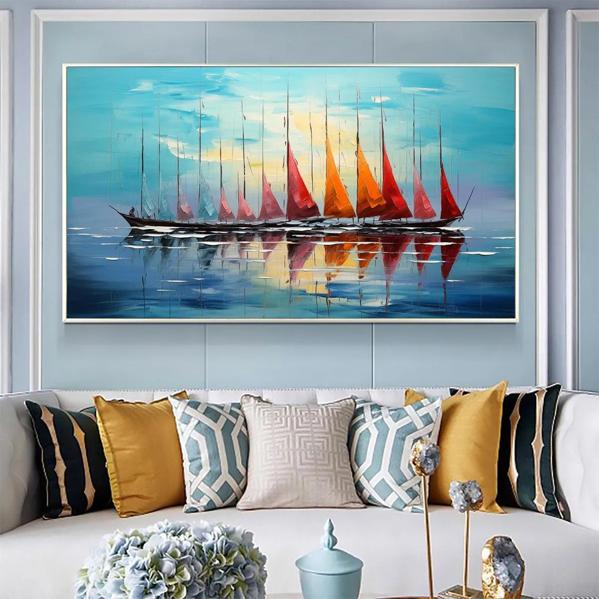 SAILING INTO SUNSET: Panoramic Sailboat Painting