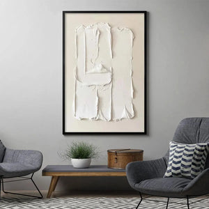 White Textured Relief abstract painting by Liam O'Connell, textured white, black frame, Wabi Sabi, modern decor.