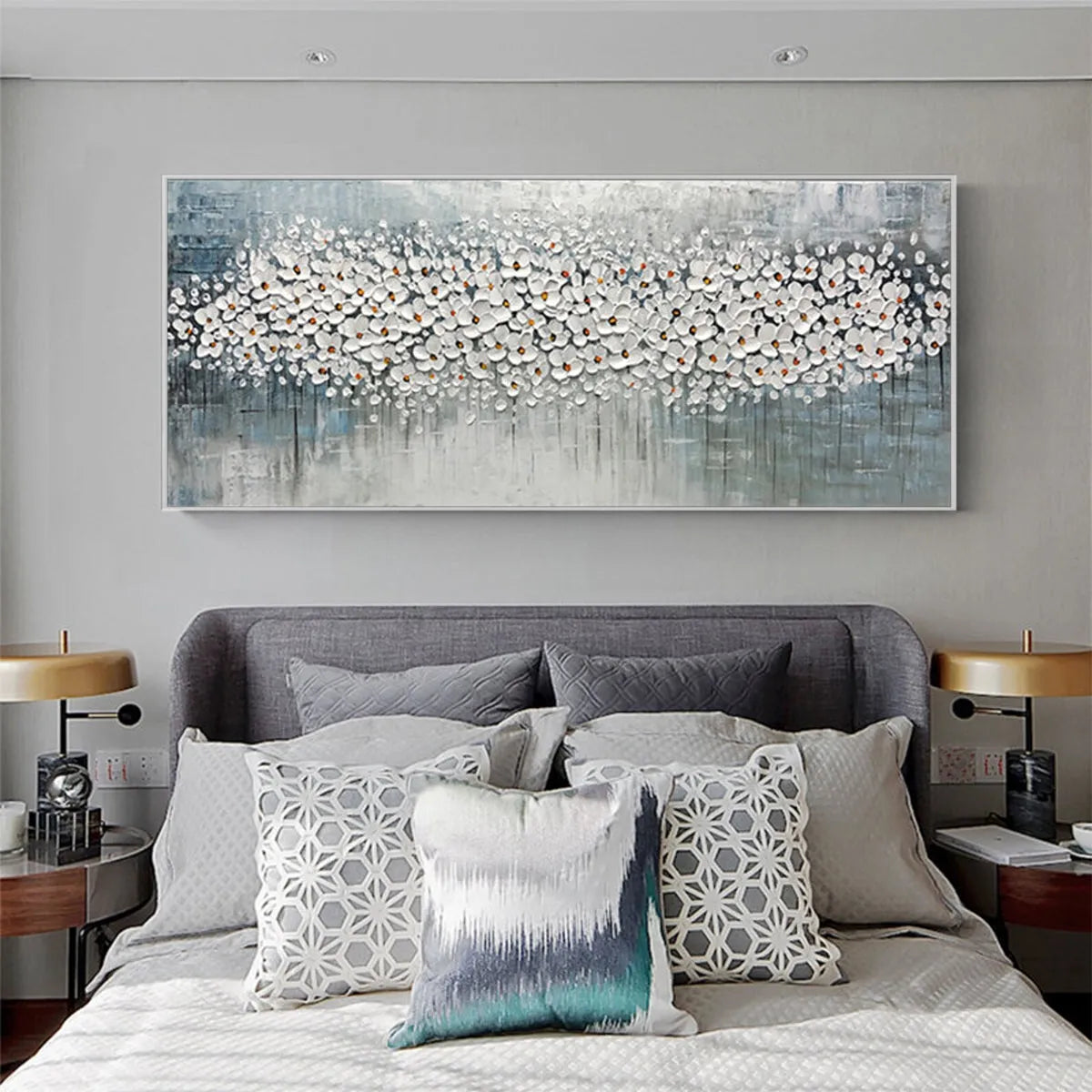 WINTER BLOSSOM: Panoramic Impasto Floral Oil Painting in White and Grey