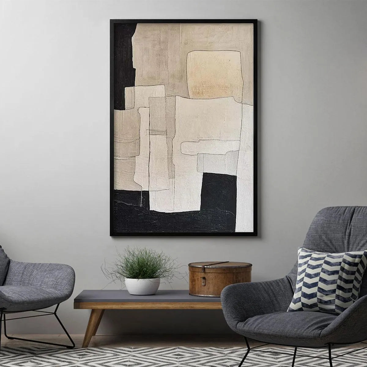 NEUTRAL ABSTRACT: Minimalist Abstract Painting in Beige and Black