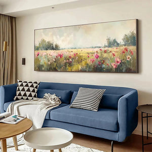 Panoramic wildflower field impressionist painting with pink flowers, product display in a living room