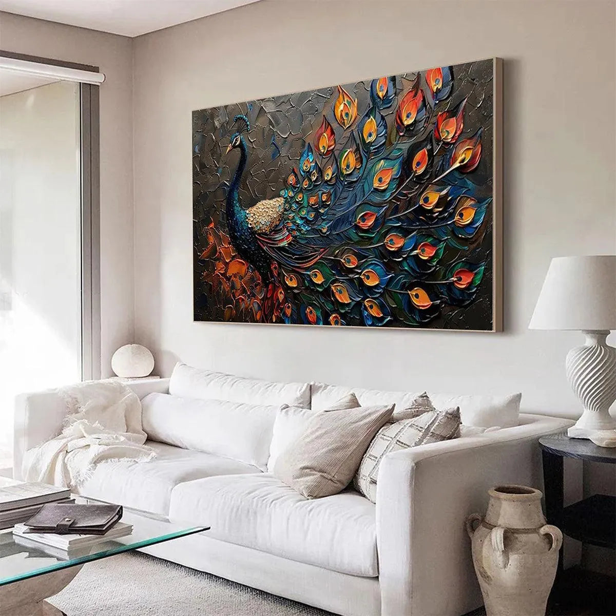 MAJESTIC PLUMAGE: Textured Peacock Painting, Impasto Wall Art, Horizontal Canvas, Animal Decor