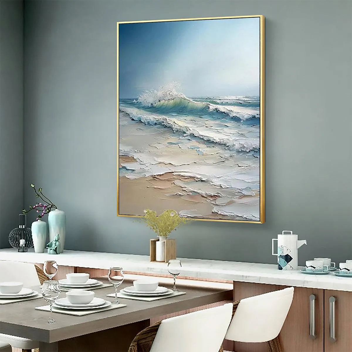 OCEAN'S EMBRACE: Textured Ocean Painting, Impasto Wall Art, Vertical Canvas, Beach Decor