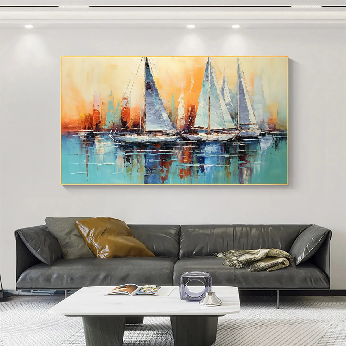 SAILING AT SUNSET: Panoramic Sailboat Painting, Coastal Wall Art, Blue, Orange, Living Room, Bedroom, Office