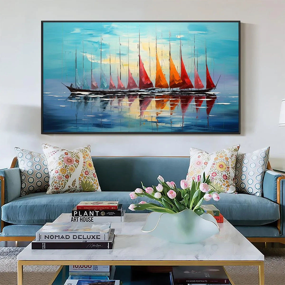 SAILING INTO SUNSET: Panoramic Sailboat Painting