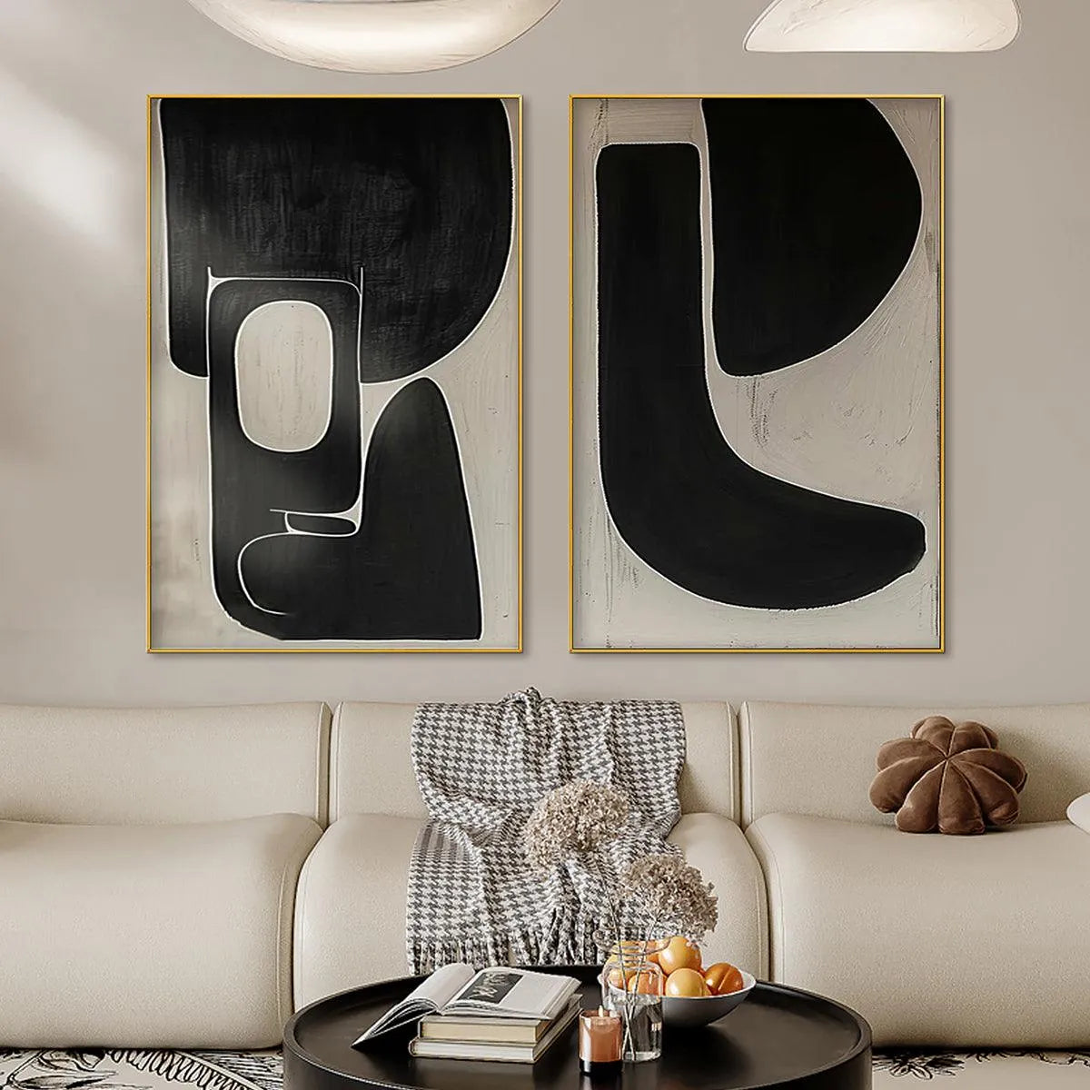 BLACK & BEIGE ABSTRACT DIPTYCH II: Abstract Painting Set of 2, Vertical Wall Art