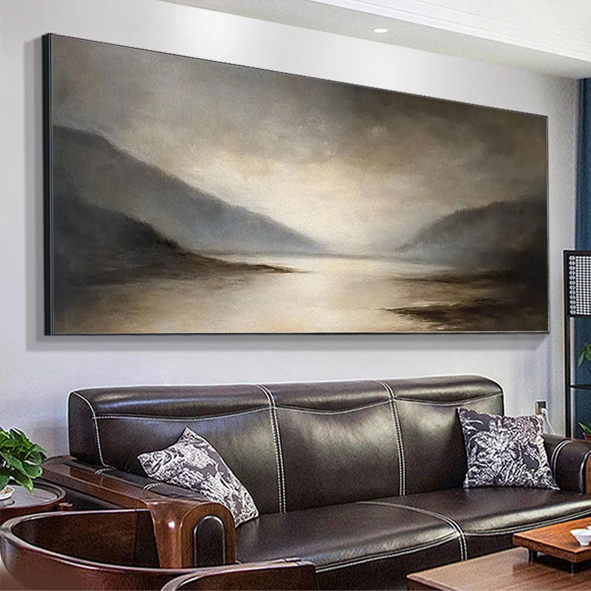 MISTY MORNING SERENITY: Landscape Painting, Panoramic Wall Art, Neutral Decor