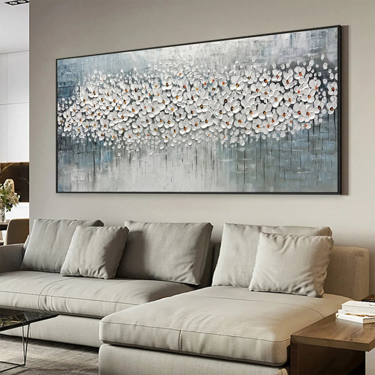 WINTER BLOSSOM: Panoramic Impasto Floral Oil Painting in White and Grey