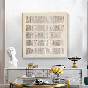 Textured Beige minimalist wall art with linear gray texture in gold frame, showcasing elegant modern design.