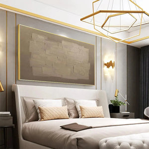 Javier Ramirez Textured Taupe Abstract painting above bed, modern minimalist home decor, neutral tones, framed