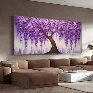 Large textured Purple Wisteria painting by Elodie Dubois, adding charm above a brown sofa in a modern living room.