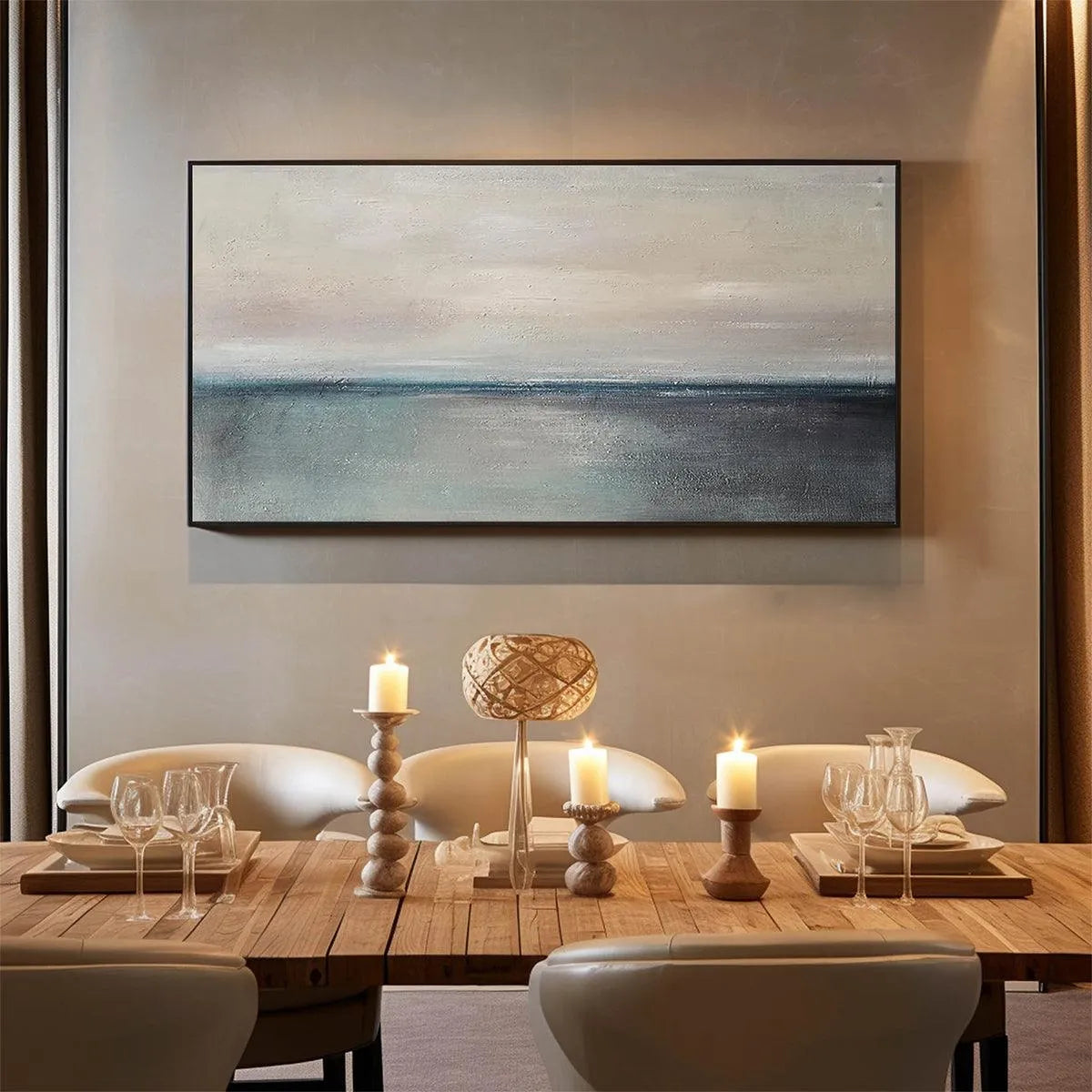 SERENE HORIZON: Panoramic Seascape Painting, Horizontal Wall Art