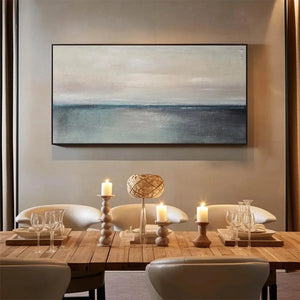 Liam O'Connell 'Serene Horizon' seascape. Framed panoramic wall art, dining room decor, muted colors.