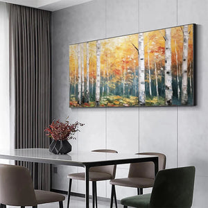 Golden Birch Grove forest painting with white birch trees and golden foliage, framed in black, in a modern dining room.