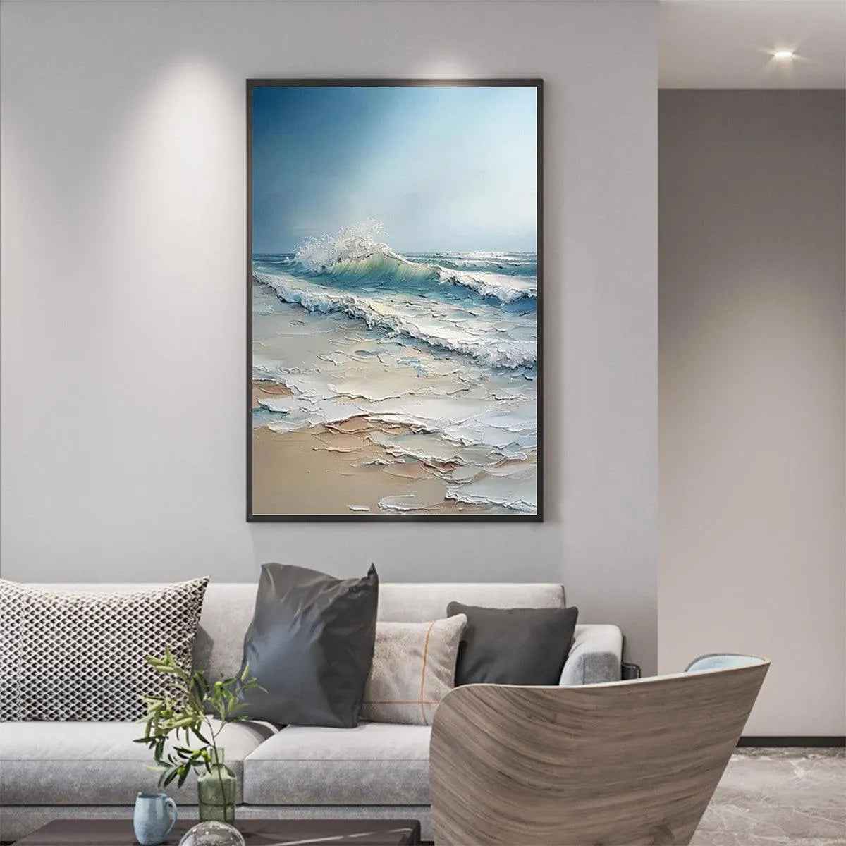 OCEAN'S EMBRACE: Textured Ocean Painting, Impasto Wall Art, Vertical Canvas, Beach Decor