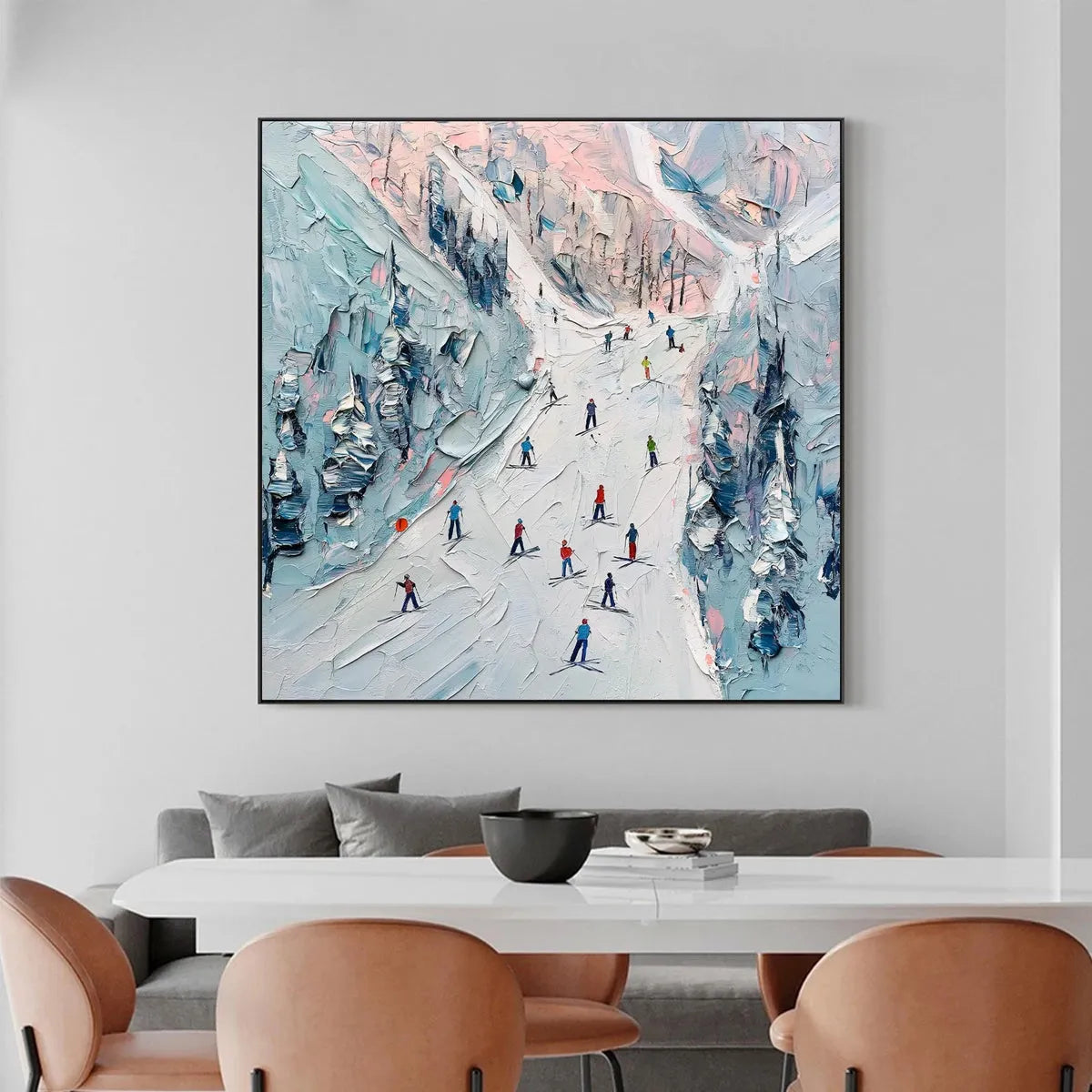 SLOPE LIFE: Textured Impasto Ski Slope Scene on Square Canvas