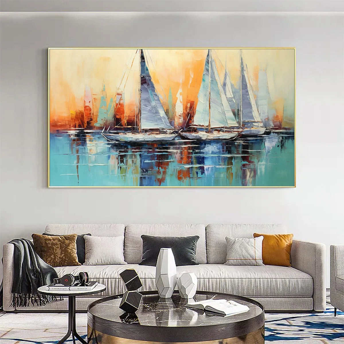 SAILING AT SUNSET: Panoramic Sailboat Painting, Coastal Wall Art, Blue, Orange, Living Room, Bedroom, Office