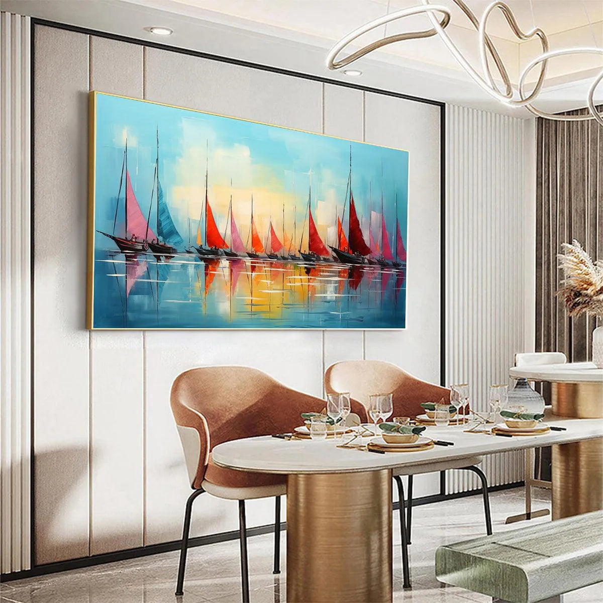 REGATTA AT DAWN: Panoramic Sailboat Painting, Colorful Sunrise