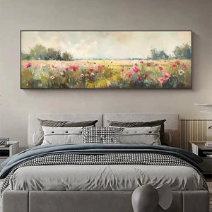 Panoramic wildflower field painting with pink flowers, displayed in a bedroom lifestyle setting.