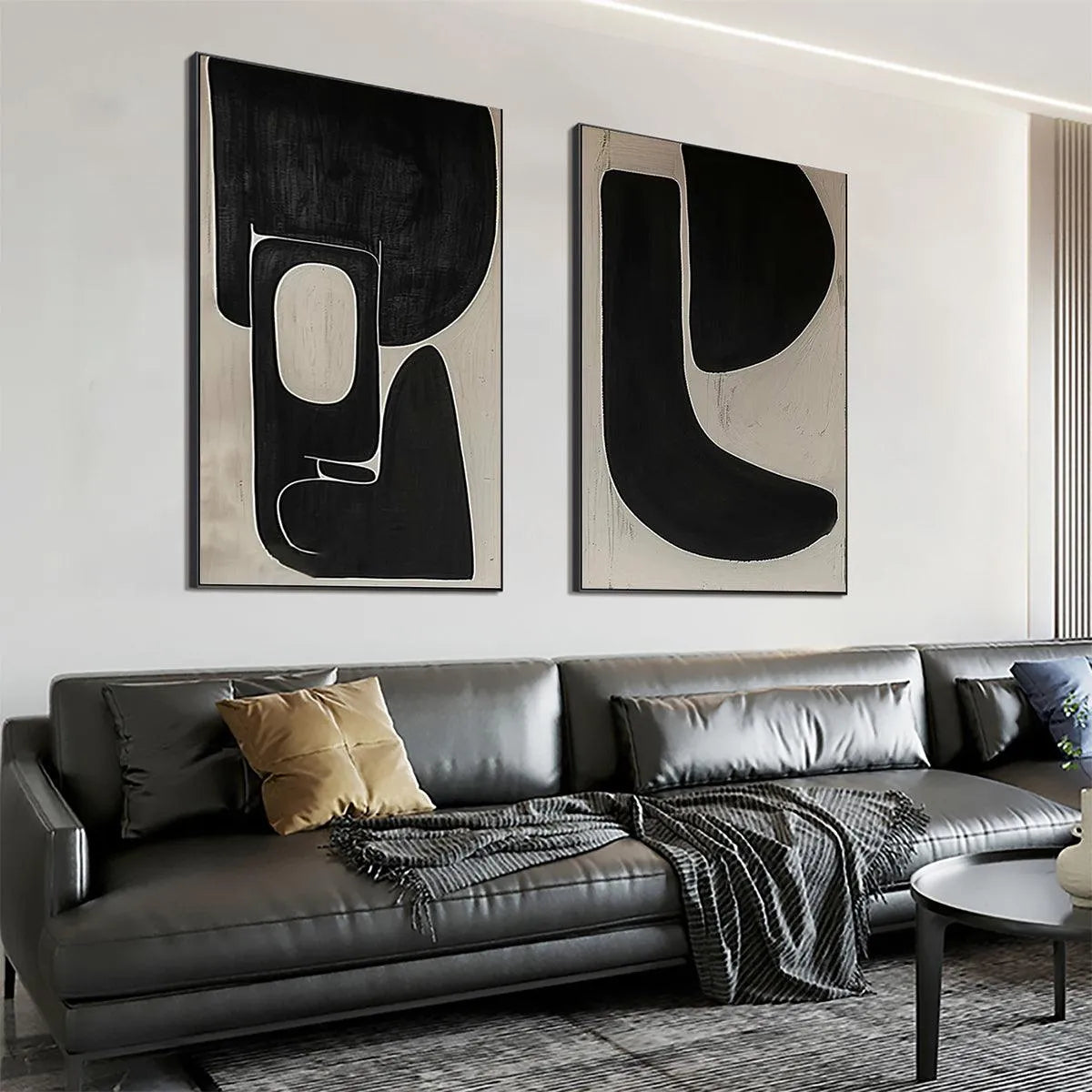 BLACK & BEIGE ABSTRACT DIPTYCH II: Abstract Painting Set of 2, Vertical Wall Art