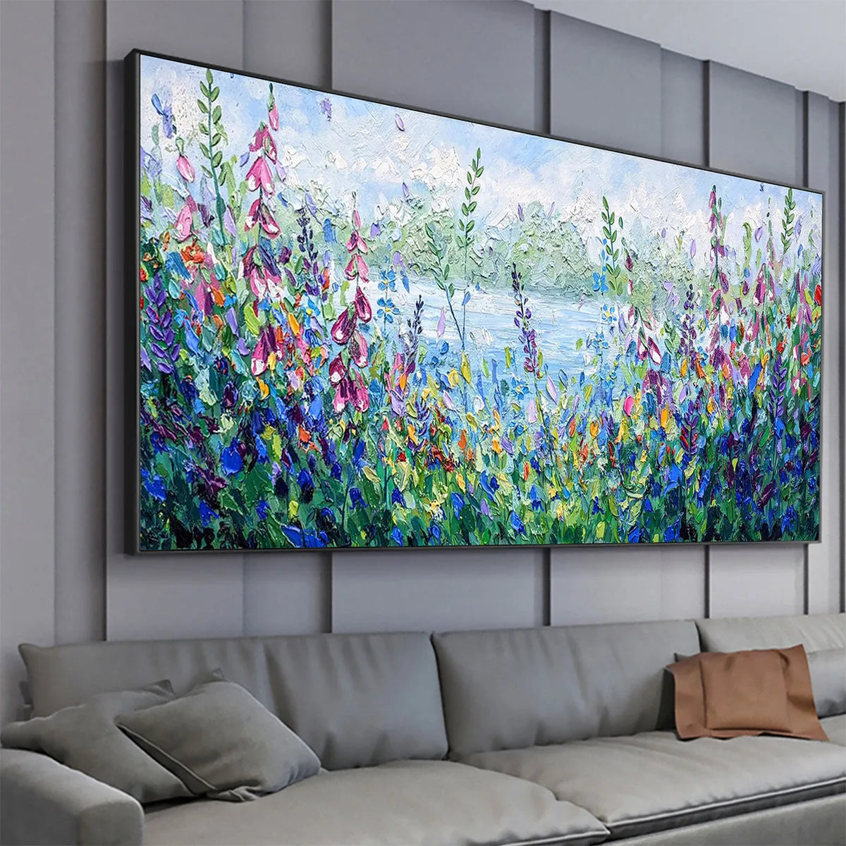 ALPINE MEADOW: Impasto Landscape Oil Painting with Wildflowers and Lake View