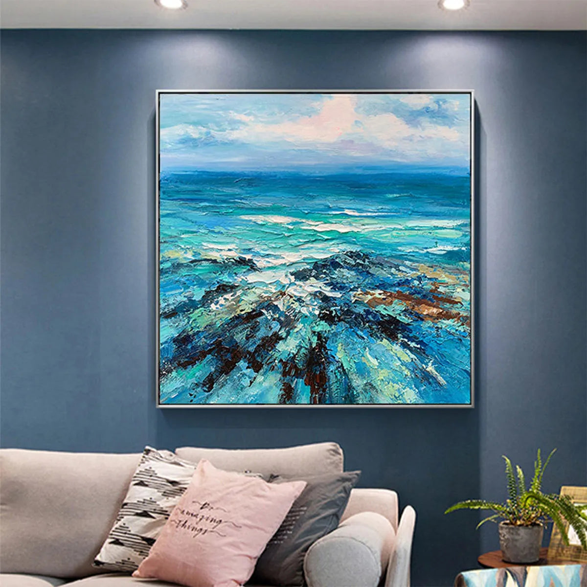 AZURE DEPTHS: Impasto Seascape Oil Painting in Blues and Greens