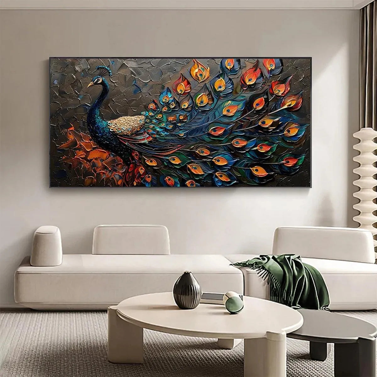 MAJESTIC PLUMAGE: Textured Peacock Painting, Impasto Wall Art, Horizontal Canvas, Animal Decor