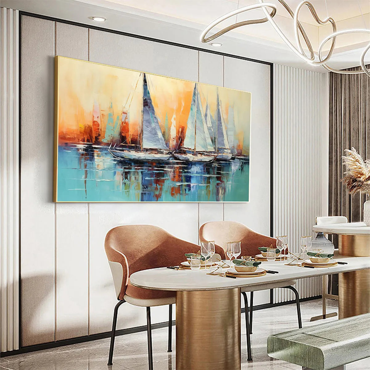 SAILING AT SUNSET: Panoramic Sailboat Painting, Coastal Wall Art, Blue, Orange, Living Room, Bedroom, Office