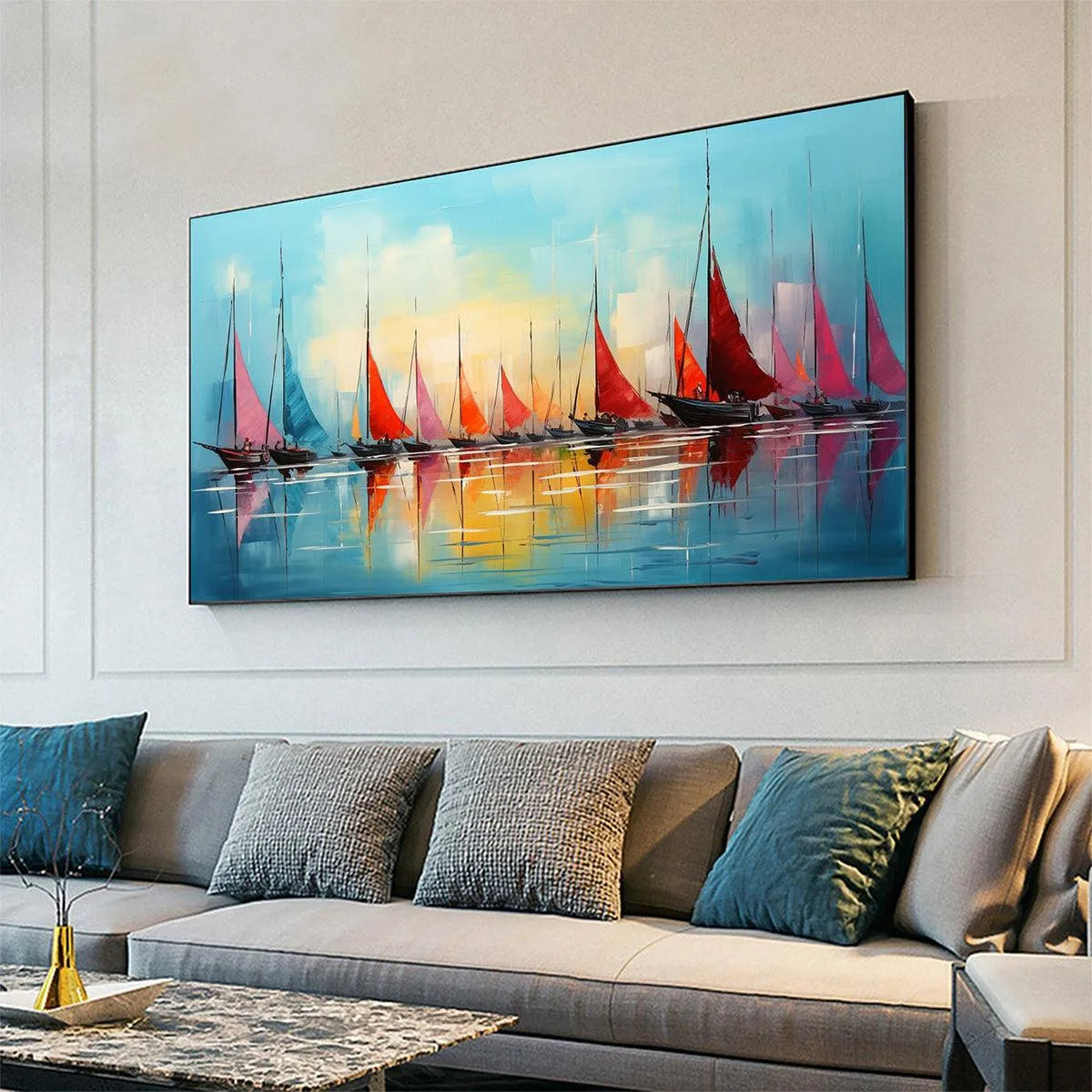 REGATTA AT DAWN: Panoramic Sailboat Painting, Colorful Sunrise