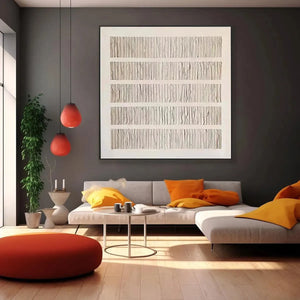 Textured Beige minimalist painting with horizontal rows of vertical linear marks above grey sofa.