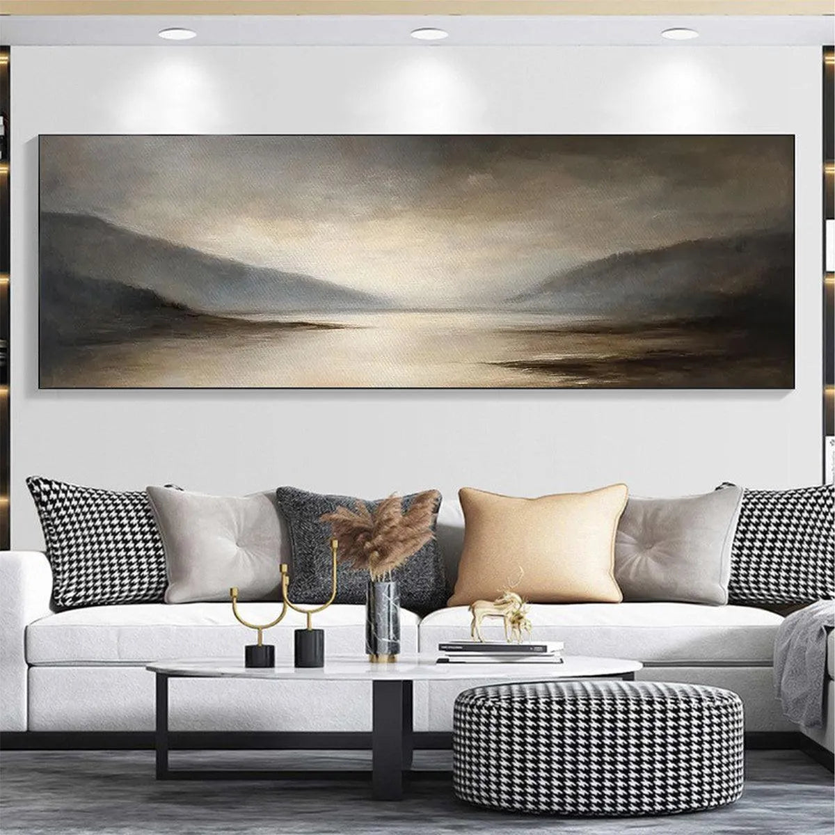 MISTY MORNING SERENITY: Landscape Painting, Panoramic Wall Art, Neutral Decor