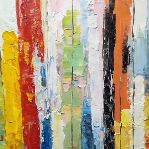 Willow Davies COLOR HARMONY impasto painting: textured vertical stripes in yellow, red, blue, green, pink, black, orange.