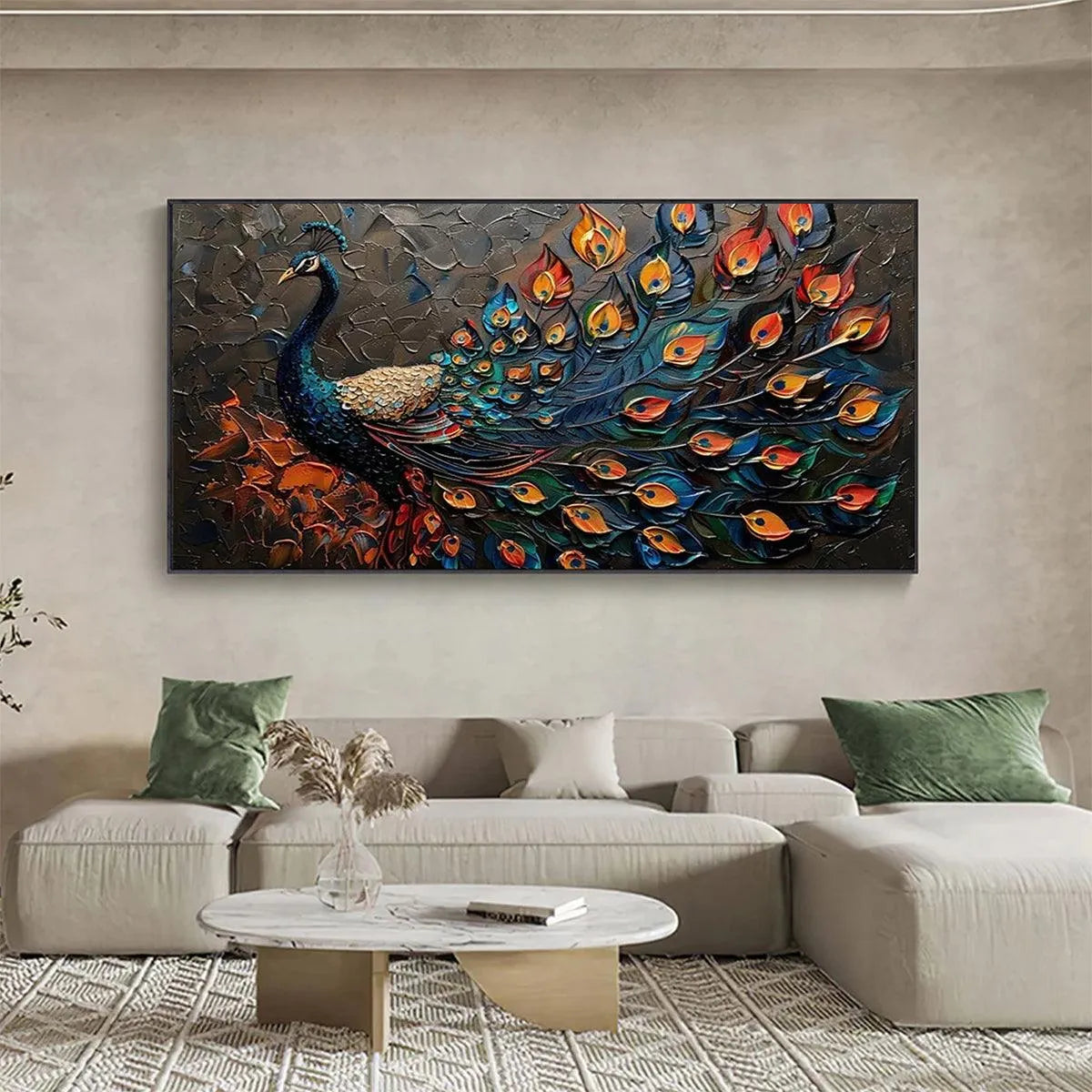 MAJESTIC PLUMAGE: Textured Peacock Painting, Impasto Wall Art, Horizontal Canvas, Animal Decor