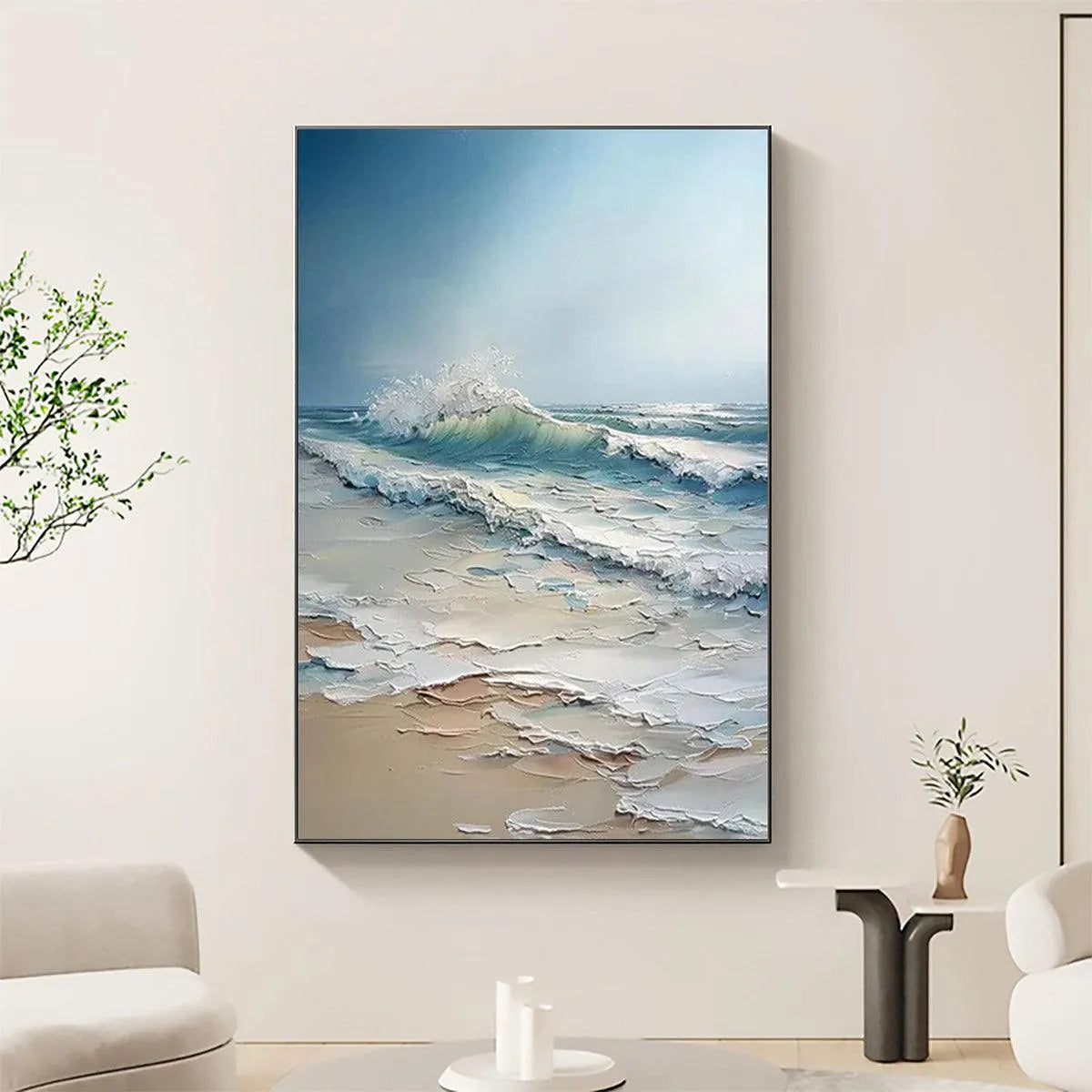 OCEAN'S EMBRACE: Textured Ocean Painting, Impasto Wall Art, Vertical Canvas, Beach Decor