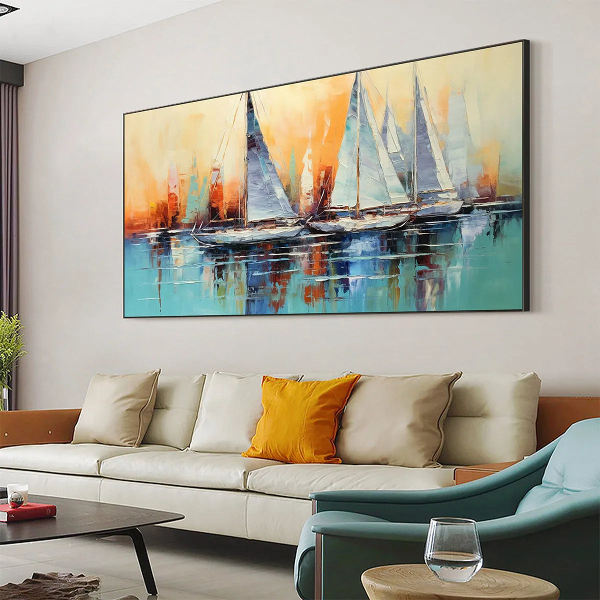 SAILING AT SUNSET: Panoramic Sailboat Painting, Coastal Wall Art, Blue, Orange, Living Room, Bedroom, Office