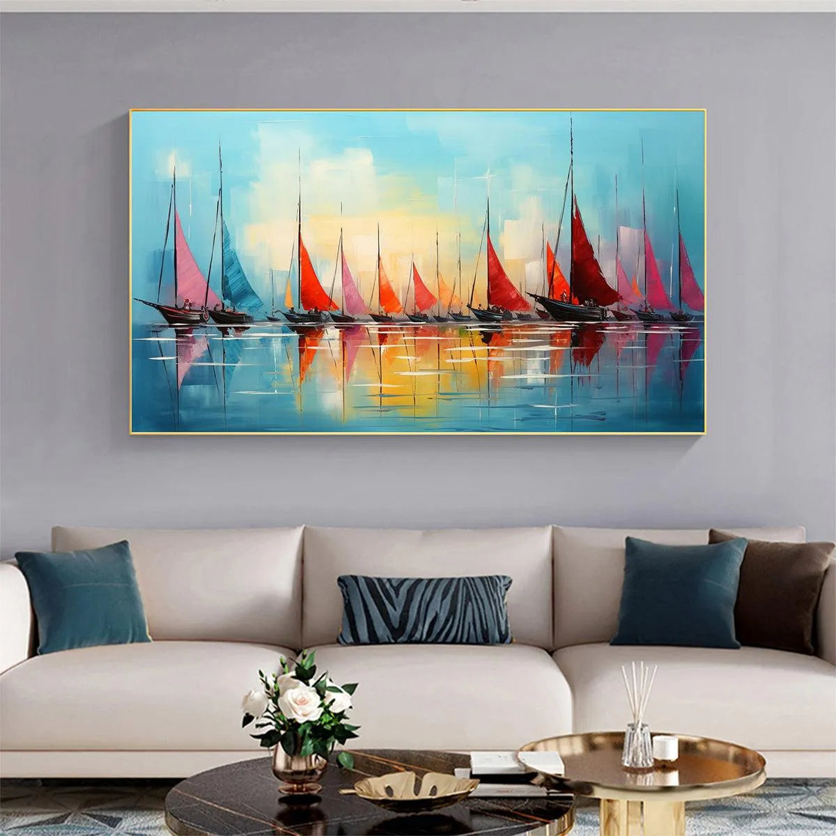 REGATTA AT DAWN: Panoramic Sailboat Painting, Colorful Sunrise