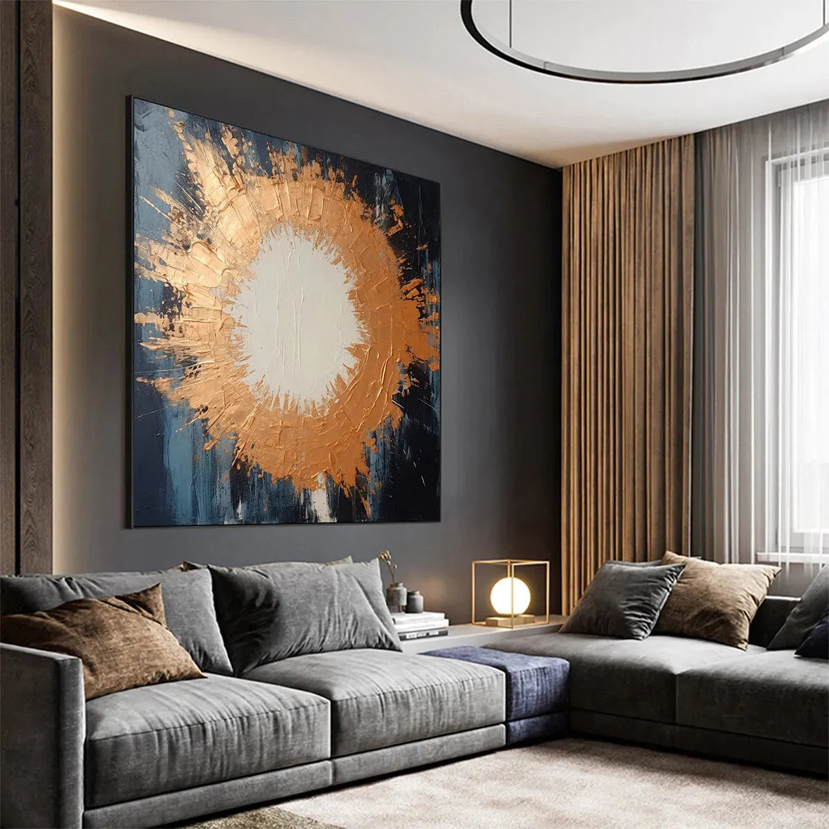 COPPER NOVA: Square Abstract Oil Painting with Copper and Dark Blue